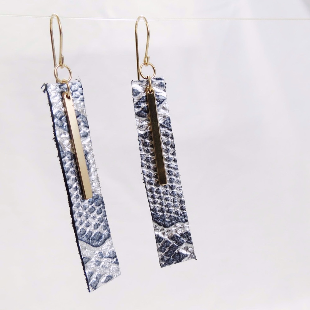 Silver Embossed Leather Earrings Gold Dangles
